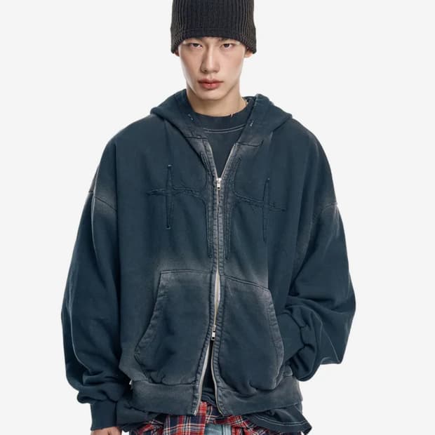 워시드 패치 오버핏 후드집업 블랙