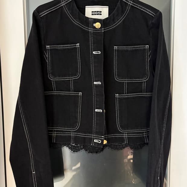 EENK 블랙 데님 레이스 크롭 자켓