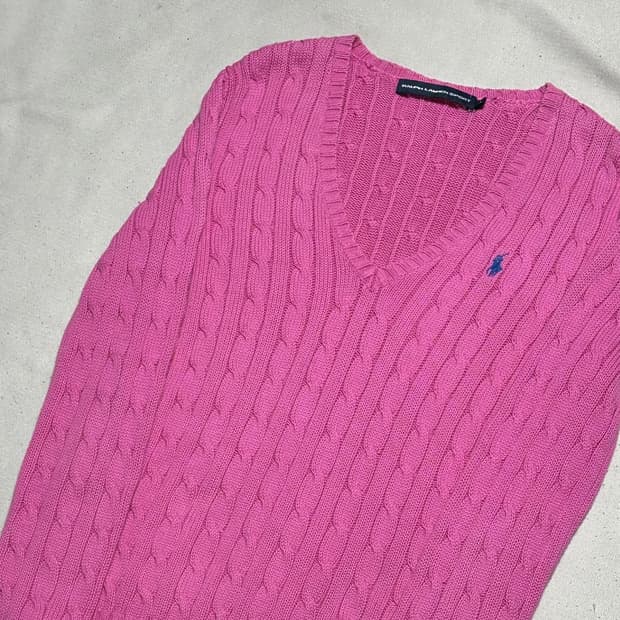 M 폴로랄프로렌 코튼 브이넥 케이블 핑크 니트