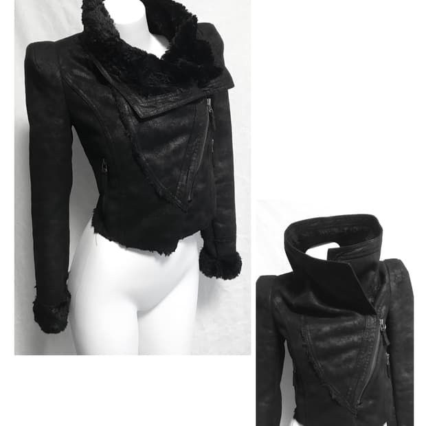 택포•빈티지 하이넥 사선 지퍼 퍼 무스탕 크롭 자켓