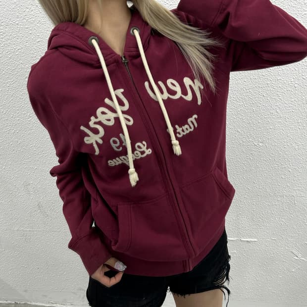 후아유 센터로고 와인 후드집업 M