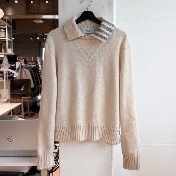톰브라운 아이보리 스티치 도네골 사선 풀오버 니트 