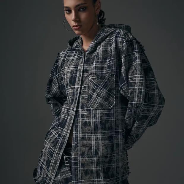 트리밍버드 체크 프린지 후드 셔츠 (블랙)