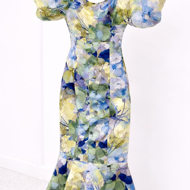 수입 고급 빈티지 보세의류 플라워패턴 퍼프소매 머메이드라인 원피스