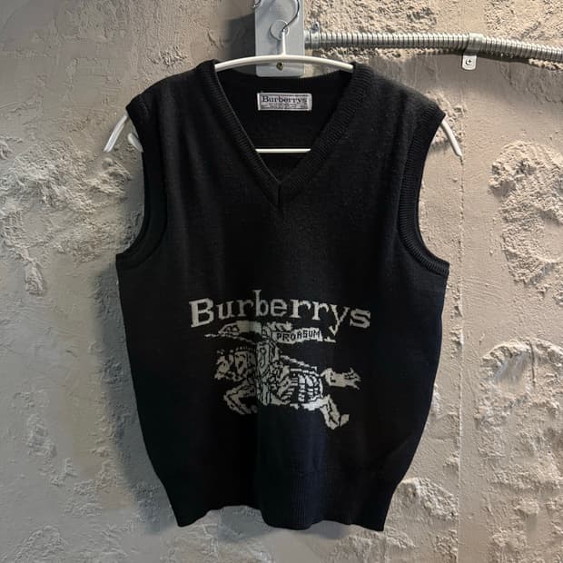 L 버버리 BURBERRY 기사 로고 울 니트 베스트 블랙
