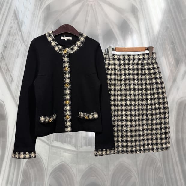 일본 빈티지 울100 클래식 금장 블랙 트위드 셋업