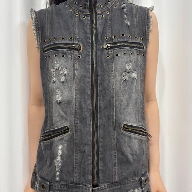 eyelet denim vest zipup