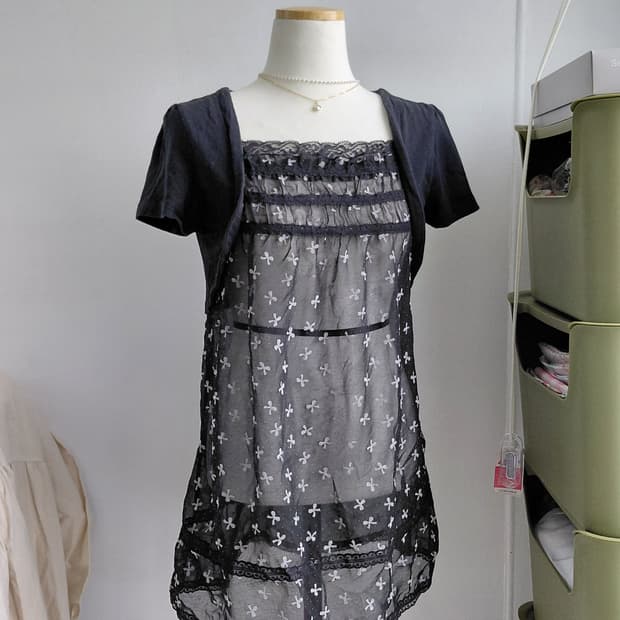 [빈티지] 레이스 시스루 원피스 블랙 볼레로 세트