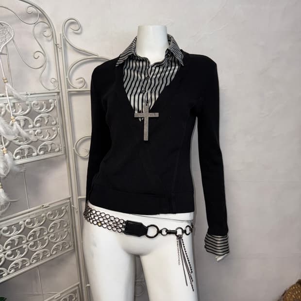 Anne Klein black silver stripe 랩 셔츠가디건