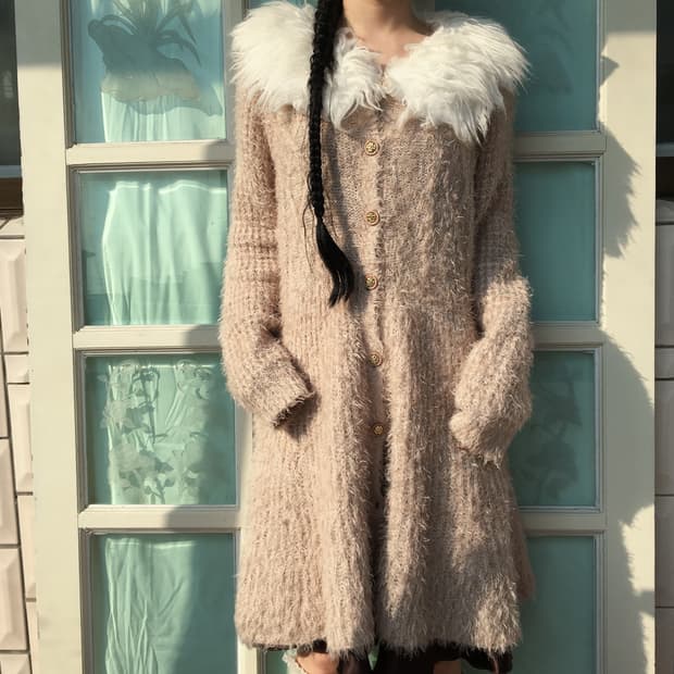 Fake fur collar knit long cardigan