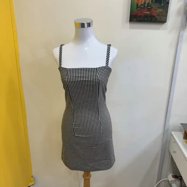 vtg 깅엄 체크 슬림핏 미니 원피스 