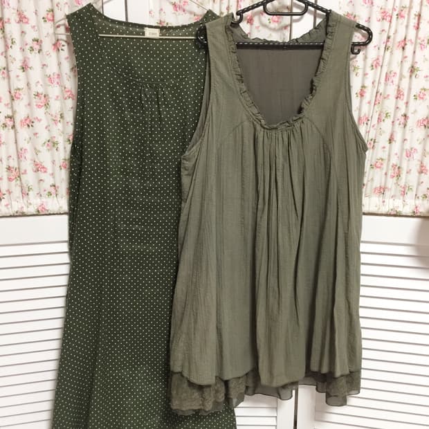 빈티지 카키 레이스 슬리브리스 + 카키 도트 원피스 2p