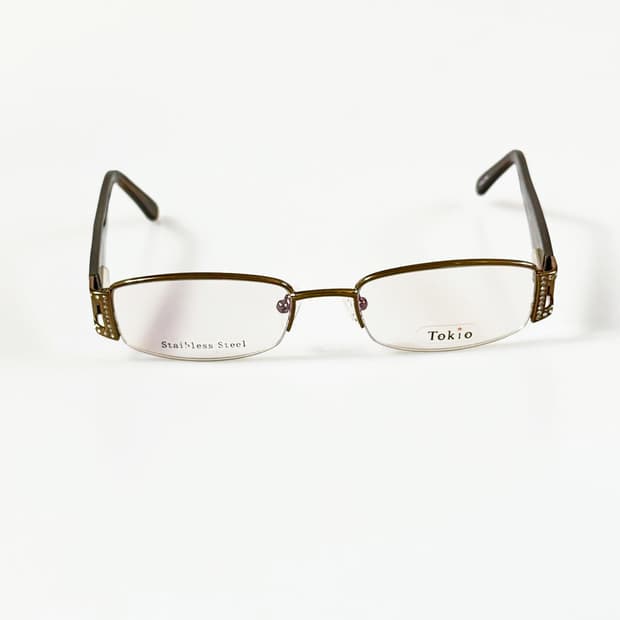 90s TOKIO 브라운 메탈 반무테 슬림 스퀘어 빈티지 안경