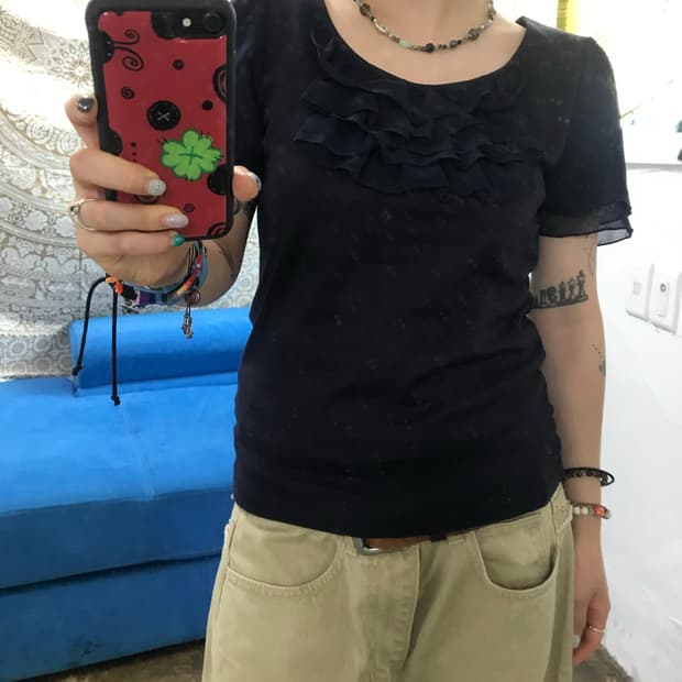 빈티지 여성 네이비 프릴 반팔 티 (Z1498)