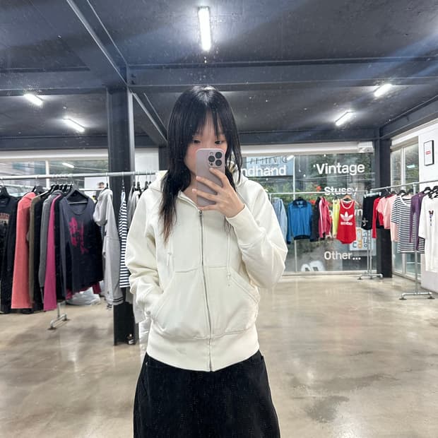 아디다스 미니 트레포일 로고 아이보리 기모 후드집업 