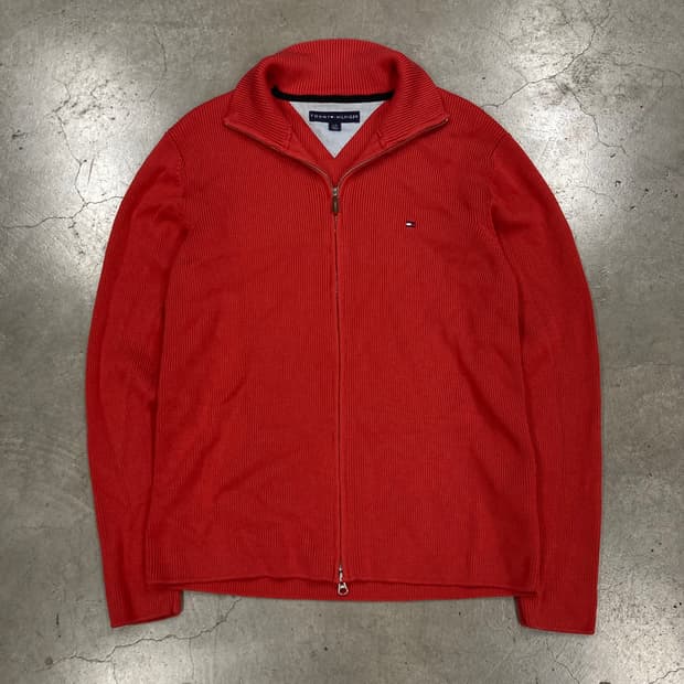 타미힐피거 레드 컬러 스몰 로고 니트 집업