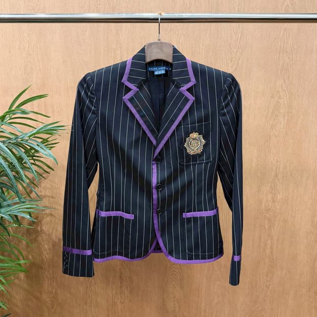 폴로 랄프로렌 울 테일러드 자켓 핀스트라이프 퍼플 파이핑 디테일 블랙