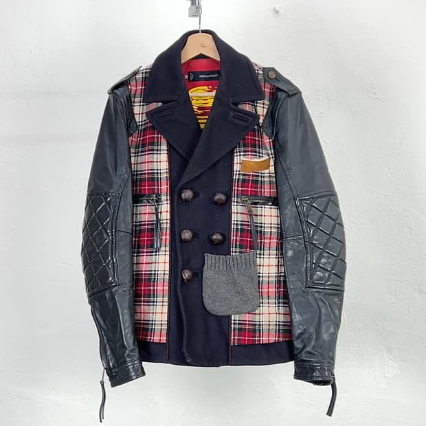 디스퀘어드2 패치드 체크 레더 울 더블 코트 자켓
