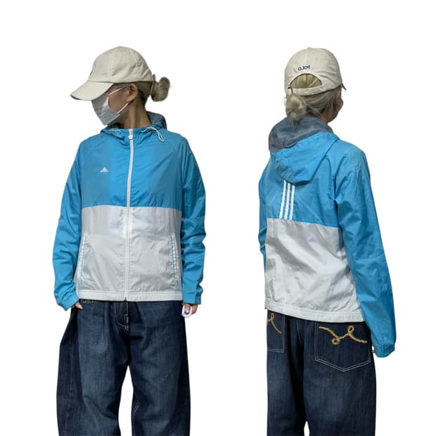 아디다스 블루 화이트 대대장 후드 바람막이 자켓 M