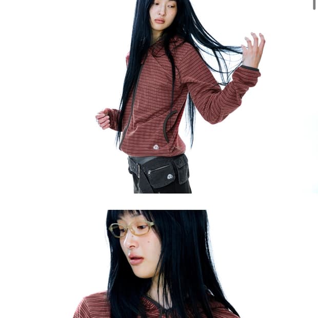 COYSEIO 코이세이오 스트라이프 플리스 후드 집업 레드 