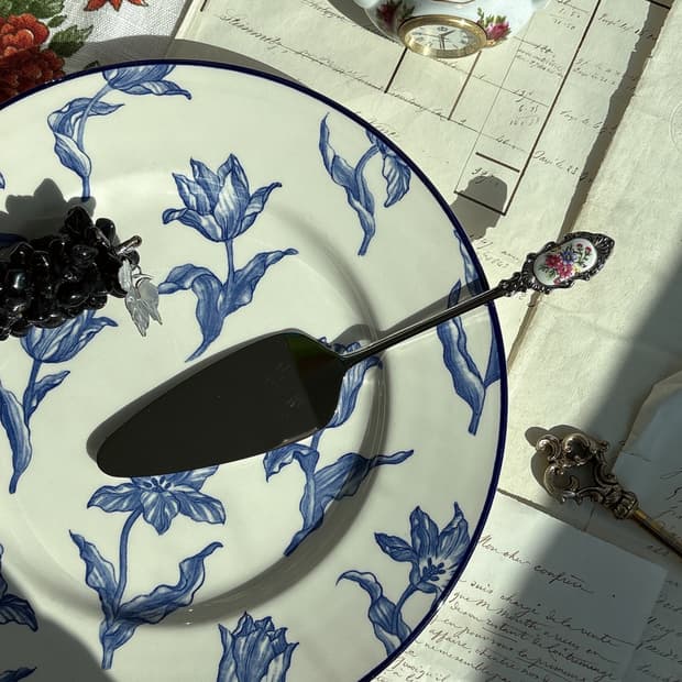 일본 빈티지 스텐 도자기장식 케이크서버