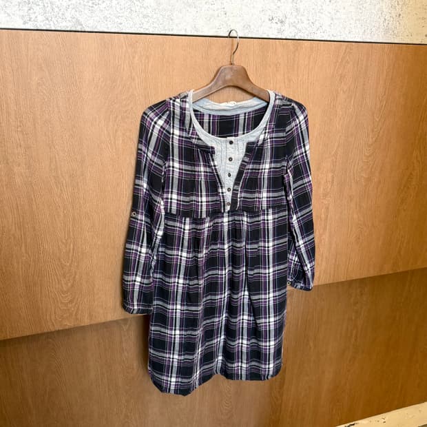 빈티지 롱슬리브 롱 블라우스 체크 패턴 레이어드 헨리넥 퍼플 k24