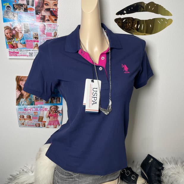 Polo assn 네이비 핑크 카라 반팔티