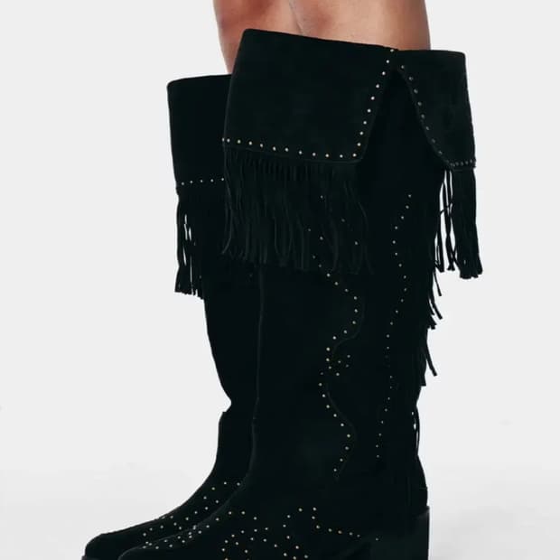와이이이엘 YEEL 스터드 스웨이드 프린지 부츠 블랙 웨스턴 롱부츠