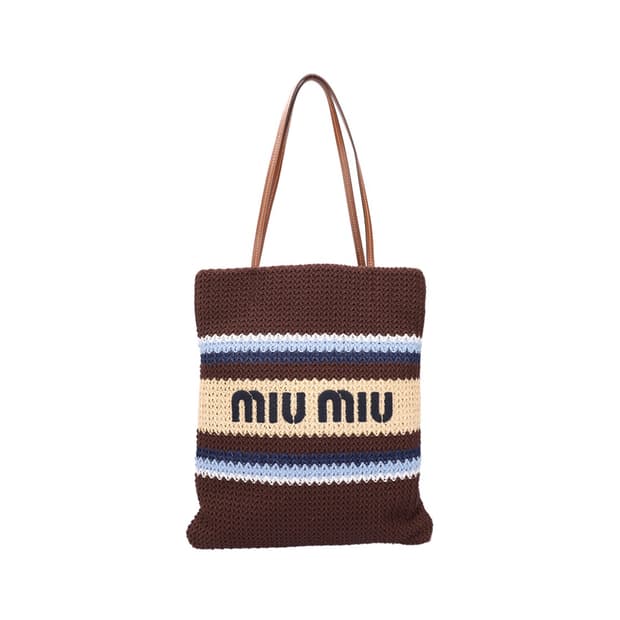 미우 미우 5BG248 라피아 이펙트 우븐 토트백 브라운 셀레스트 내츄럴