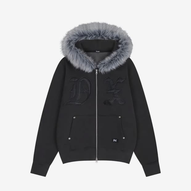 드렁크텍스트 퍼 후드집업 차콜