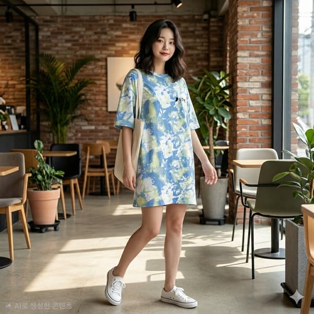 럭키슈에뜨 타이다이 레터링 반팔 미니 원피스