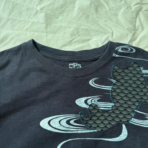 재패니즈 잉어 패치 자수 티셔츠 네이비 오리엔탈