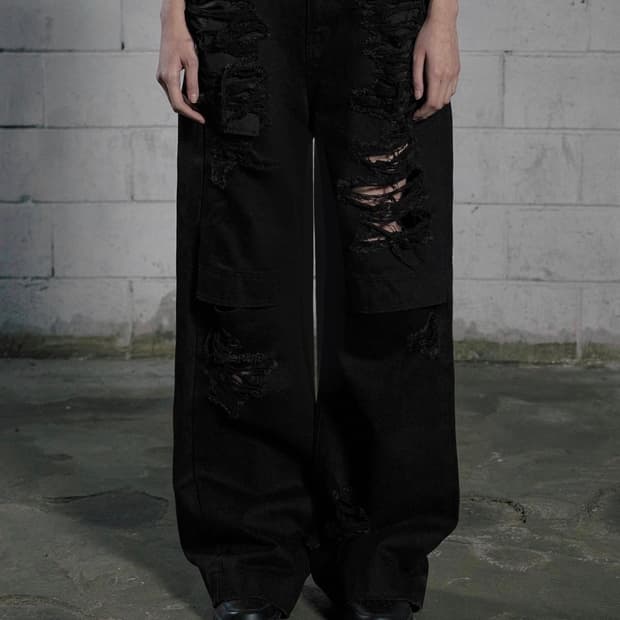 보헤미안 서울 KNEE OPEN RIPPED WIDE JEANS, BLA