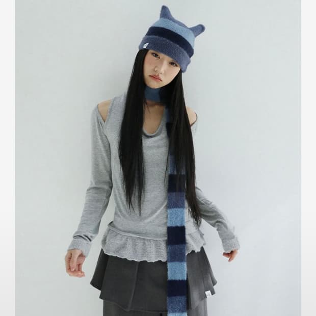 어글리쉐도우 고양이모자+머플러세트 블루