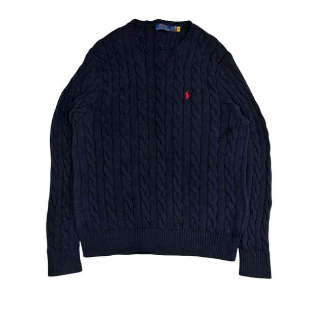 폴로 랄프로렌 QR 네이비 코튼 케이블 니트