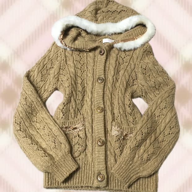 리즈리사 브라운 퍼 리본 니트 후드 가디건 라떼 히메 러블리 로걀 갸루