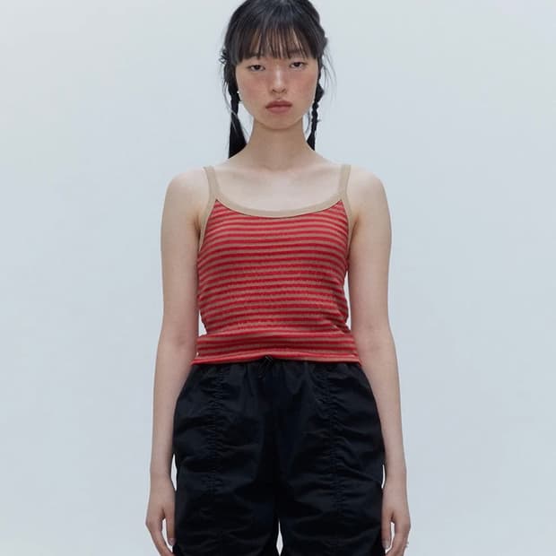 영오 주름 슬리브리스 탑 레드/베이지 스트라이프