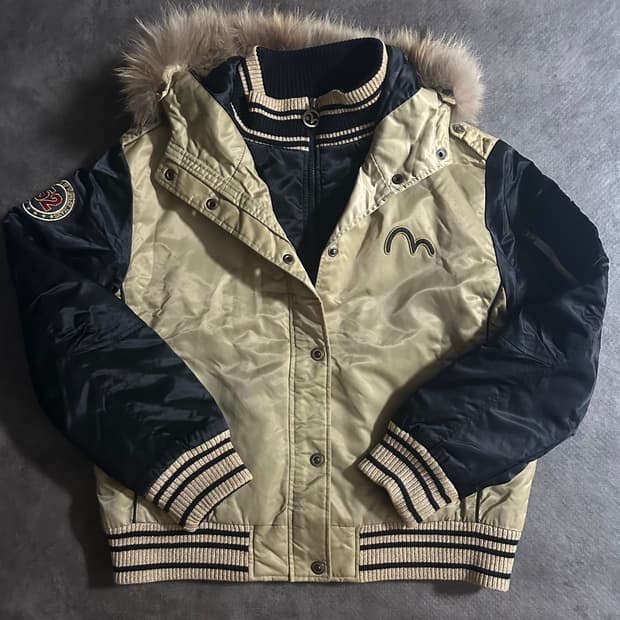 EVISU 에비수 후드 퍼 자켓 XL 골드