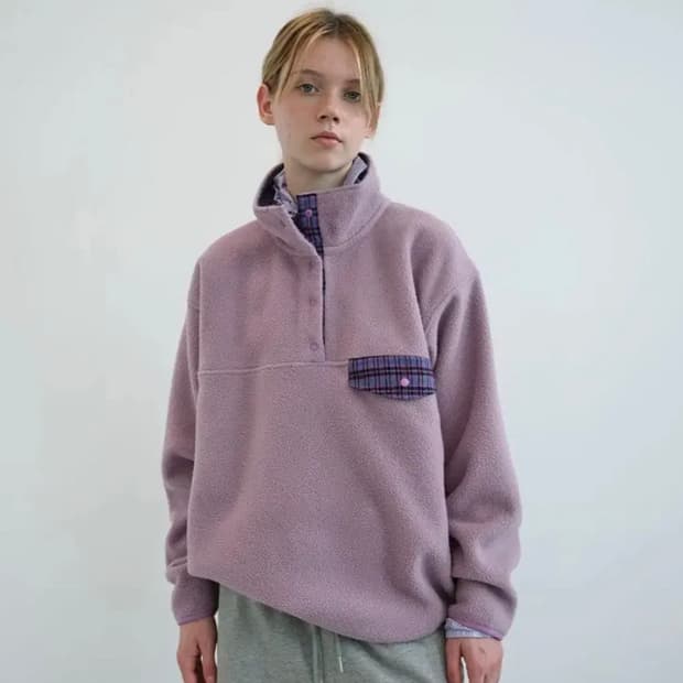 엔조블루스 레트로 스냅 플리스 아노락 라벤더 체크 카라 후리스