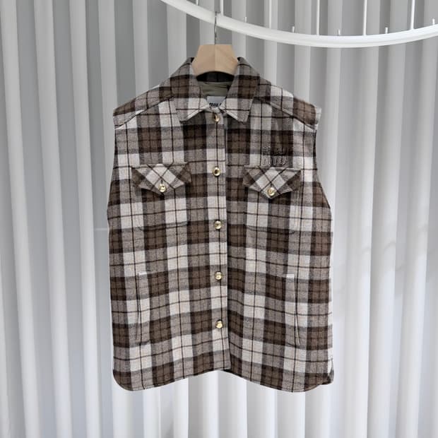 (A+/42) / 미우미우 체크 블루종 베스트 조끼 코코아 브라운