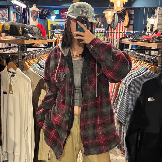 vintage 올드스쿨 빈티지 기모 체크 후디 자켓