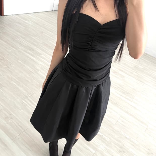 Black Balletcore Shirred Midi Dress
