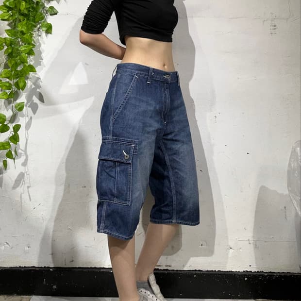 일본 빈티지 중청 데님 카고 반바지 청카고 버뮤다 팬츠 M