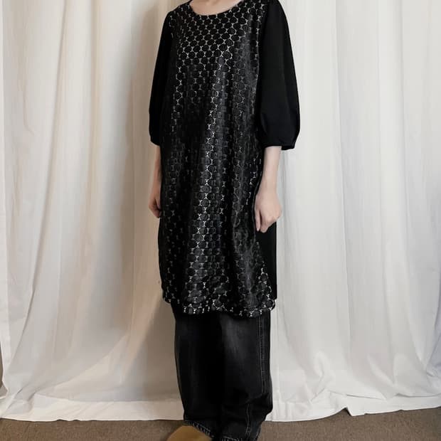 Dot Punching Puff Sleeve Dress - Black