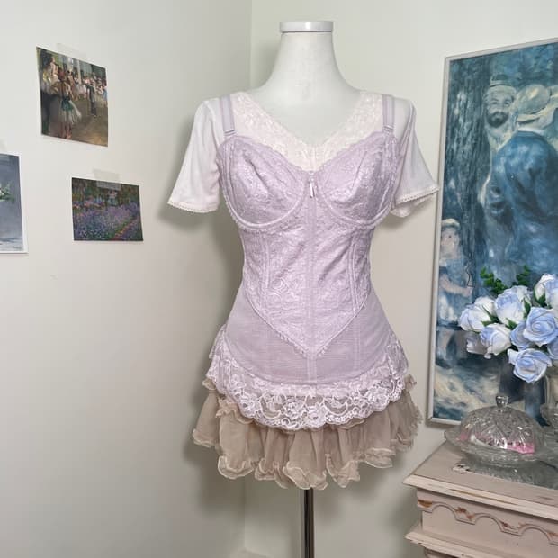 sheer pink lace v-neck cotton top&lavend
