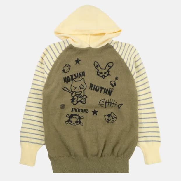 y2k 키치 나그랑 배색 스프라이트 오버핏 니트 후드티