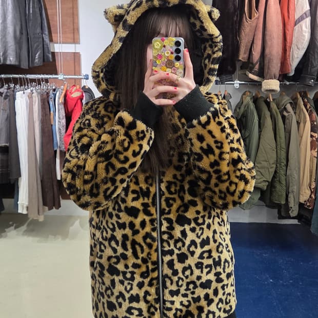 Japanese vtg 갸루 레오파드 후드 플리스 자켓