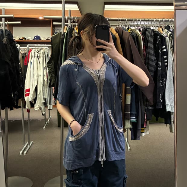 OS)Ozz Angero 빈티지 여성 레이스 디테일 반팔 후드집업