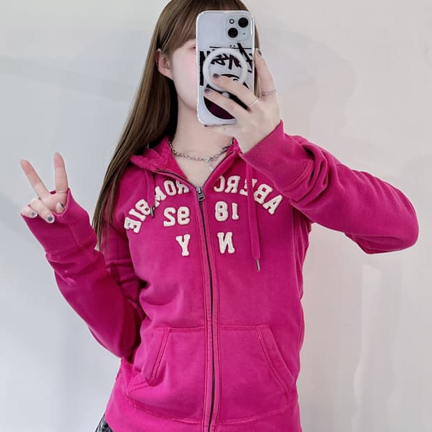 아베크롬비 딥핑크 빅로고 후드집업