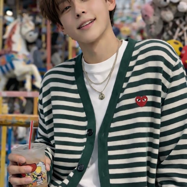 Comme 꼼데가르송 PLAY 스트라이프 하트로고 그린 코튼 가디건